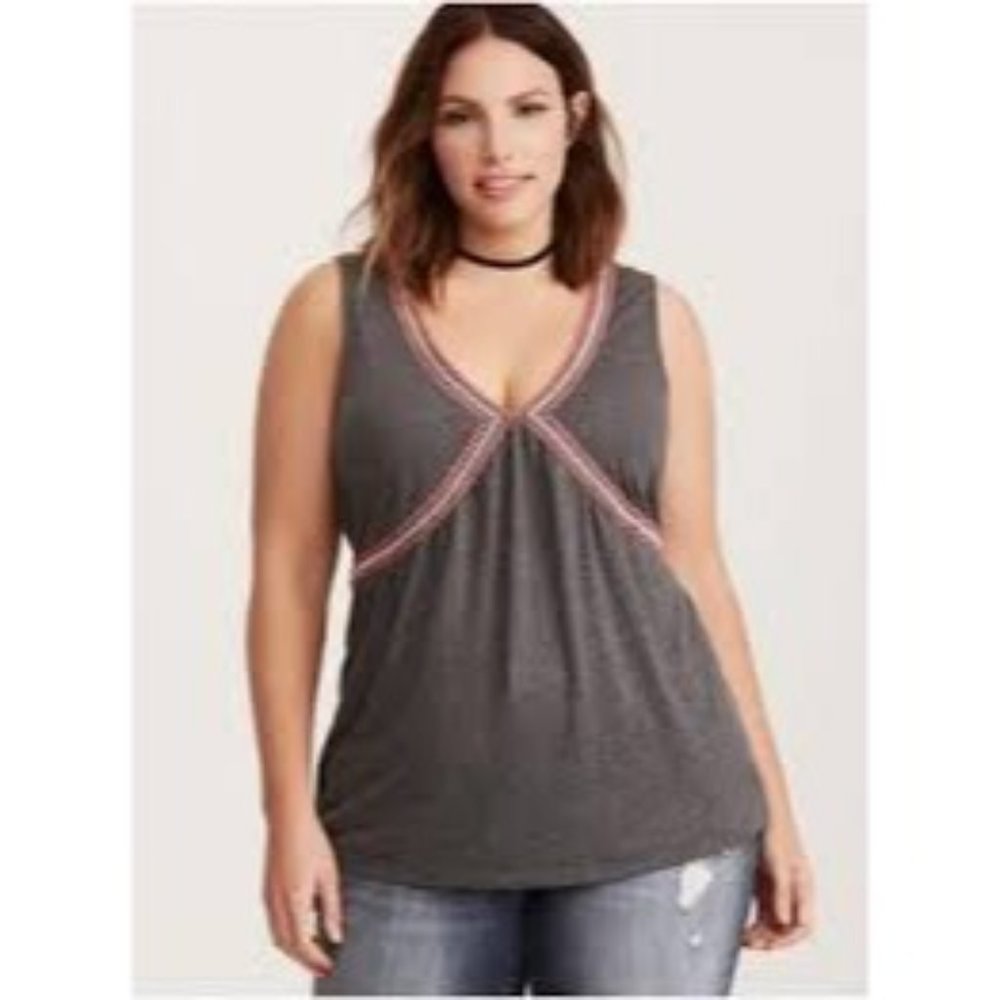 Torrid 1 Tank Top Gray Pink Embroidery V Neck Lace Back 1X